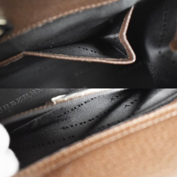 BURBERRY Logo Hand Tote Bag Leather Brown Silver - Picture 3 of 15